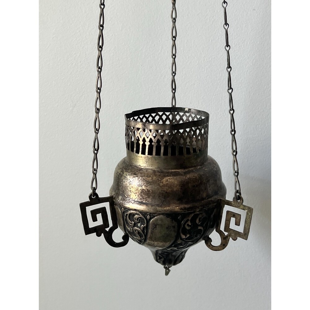Vintage Hanging Lantern: Silver Metal with Ornate Handles